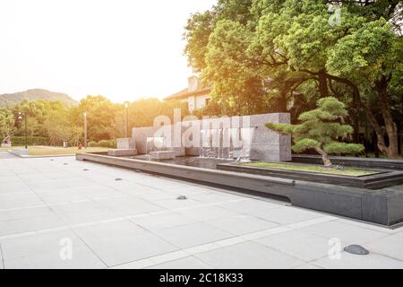 empty marble floor near green forest Stock Photo
