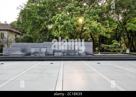 empty marble floor near green forest Stock Photo