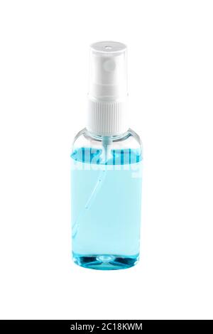 Transparent bottle with antiseptic gel. Blue antibacterial spray for hands isolated on white. Stock Photo
