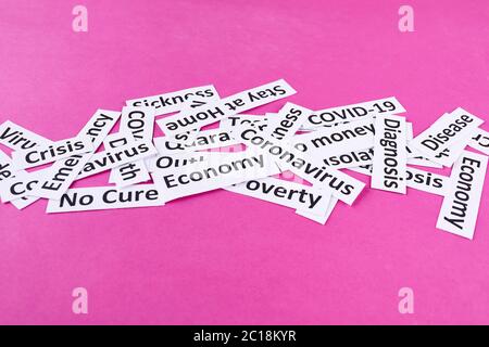 Coronavirus, pandemic headline clipping words on pink background. Stock Photo