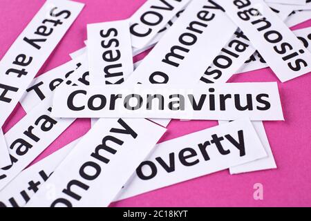 Coronavirus, pandemic headline clipping words on pink background. Stock Photo