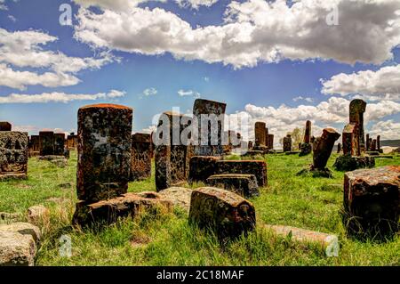 Stone slabs aha khachkar in Noratus cemetery Armenia Stock Photo