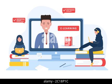 Online education. Flat design concept of training and video tutorials. Student learning at home. Vector illustration for website banner, marketing Stock Vector