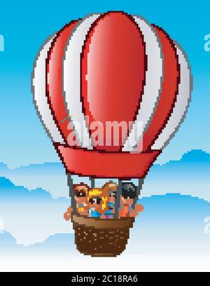 Vector illustration of  Happy kids flying in a hot air balloon Stock Vector