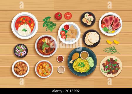 halal food set on top view wooden table background. Stock Vector