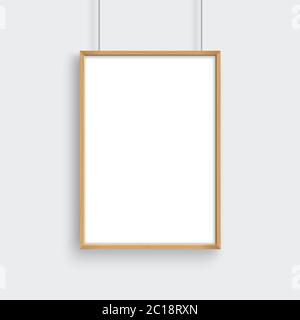 Wooden frame with poster mockup hanging on gray wall. Stock Vector