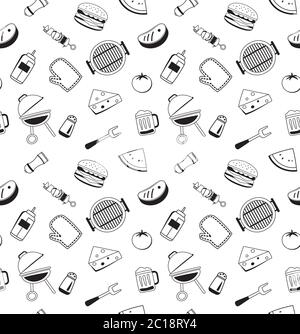 Bbq icons seamless pattern background. Barbecue set. Stock Vector