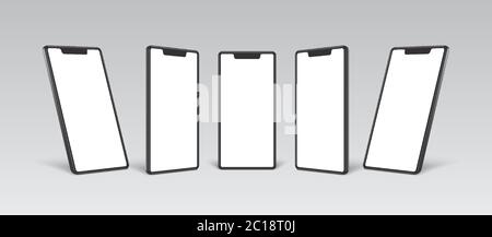 smartphone mockup black frame with white blank display different angles views. Stock Vector