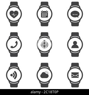 smart watch icons set with fitness tracker and apps for synchronization with smartphone. Stock Vector