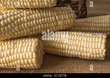 Corn close up. Fresh raw organic uncooked corn close up on rustic background Stock Photo