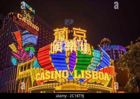 Casino Lisbao at night in Macau, China Stock Photo