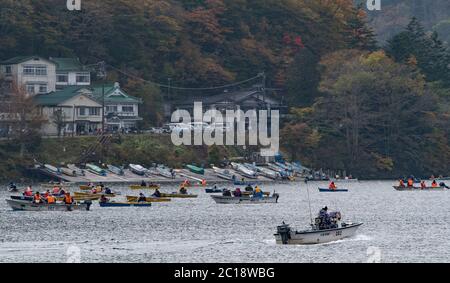 People boating at Lake Chuzenji, Nikko, Japan. Stock Photo