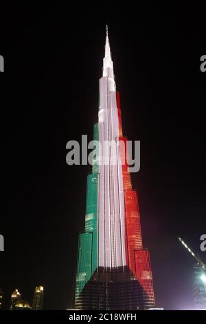 Night View To Burj Khalifa Skyscraper In Dubai Flag Of Kuwait Uae Stock Photo Alamy
