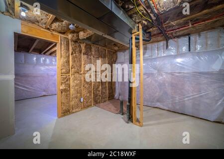 Insulation inside the room of a frame house Stock Photo