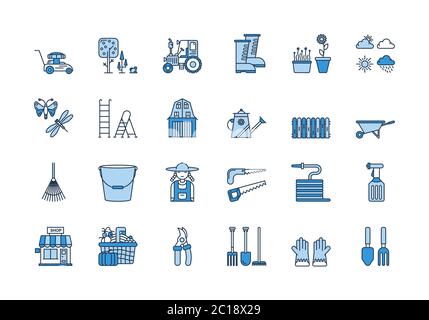 06 Blue linear GARDENING icons set Stock Vector