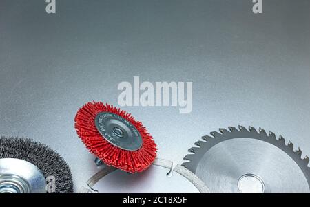 abrasive tools industrial concept. set of different professional tools for cutting, cleaning, polishing. Stock Photo