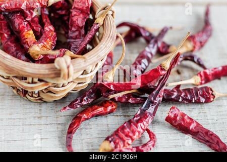 Dried chilli on wooden. Stock Photo