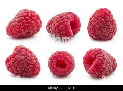 Collection of ripe red raspberries on white background Stock Photo