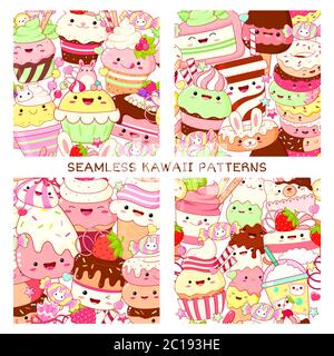 Set of seamless patterns with cute sweet desserts in kawaii style with smiling face. Ice cream, cake, cupcake, donuts. Endless texture can be used for Stock Vector