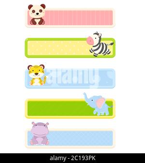 Set of horizontal banners with animals of Africa and Asia. African and asian animals cubs collection. Cartoon cute characters - zebra; hippo; elephant Stock Vector