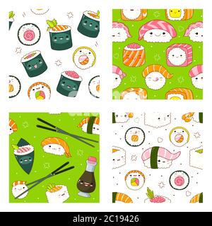 Set of seamless pattern with cute sushi and roll in kawaii style with smiling face. Japanese traditional cuisine dishes. Endless texture can be used f Stock Vector