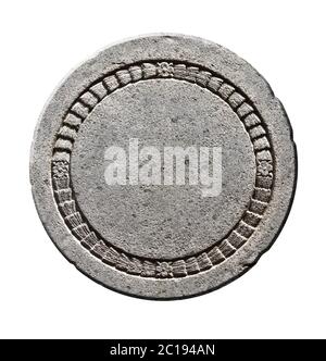 Round ancient ornamental carved stone frame with floral ornaments. Isolated on white background. Mock up template. Copy space for text Stock Photo