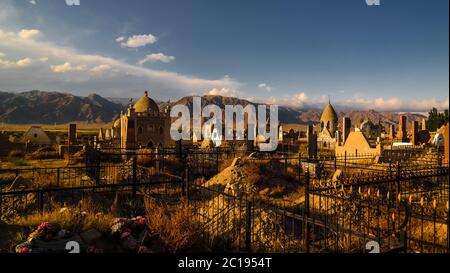 Panorama view to muslim cemetery at Kochkor, Naryn, Kyrgyzstan Stock Photo