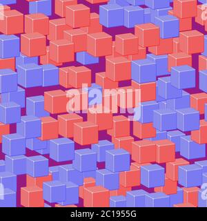 Blue Pink Cubes Seamless Pattern, 3D Illustration on Purple Background Stock Vector
