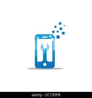 Mobile Repair Logo Design Template, wrench and gear icon smartphone repair symbol vector logo template design Stock Vector