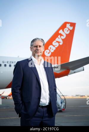 Johan Lundgren, CEO easyJet, before flight EZY883 takes-off from London Gatwick bound for Glasgow as the airline restarts operations for the first time in 11 weeks since the carrier grounded all planes on March 30th as a result of the Covid-19 pandemic. Stock Photo