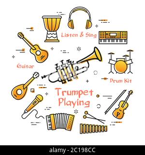 Vector linear banner for music - trumpet playing Stock Vector