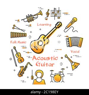 Vector linear banner for music - acoustic guitar Stock Vector