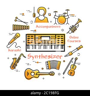 Vector linear banner for music - Synthesizer playing Stock Vector