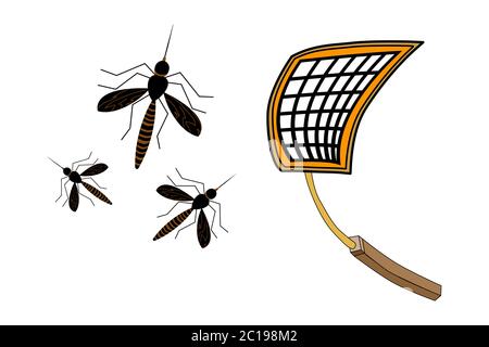 Fly swatter with mosquitos isolated on white.Tool for destruction of insects. Palette to kill mosquitoes.Trapping insects pest net racket.Stock vector Stock Vector