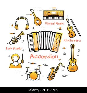 Vector linear banner for music - accordion instrument Stock Vector