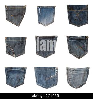 Collection of different jeans back pockets isolated on white background. Set of nine samples of denim pockets Stock Photo