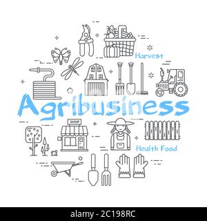 Vector blue banner linear concept - Agribusiness Farm Stock Vector