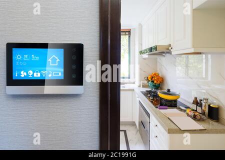 smart screen with smart home with modern kitchen Stock Photo