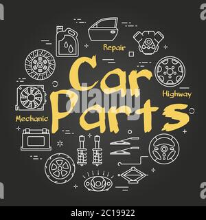 Vector black line round banner of car parts Stock Vector