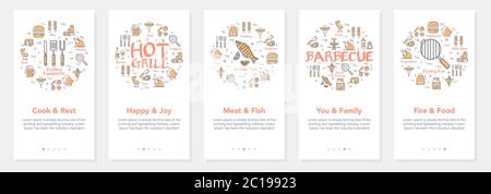 Vertical vector bbq and picnic summer five banners - cook and rest, happy and joy Stock Vector