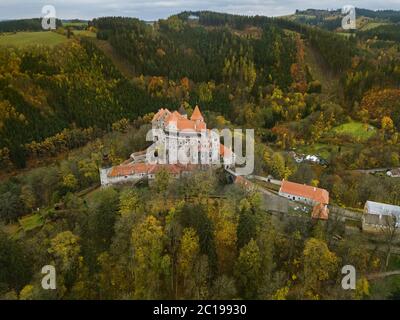 Castle Pernstejn in Czech Republic - aerial view Stock Photo
