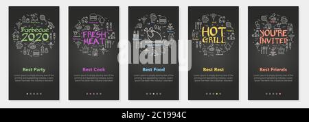 Vertical vector bbq and picnic summer five banners - fresh meat and hot grill Stock Vector