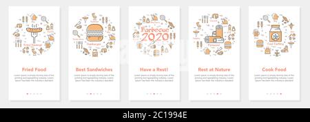 Vertical vector bbq and picnic summer five banners - fried food and rest at nature Stock Vector