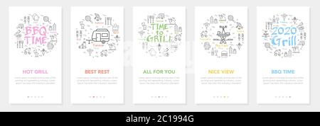 Vertical vector bbq and picnic summer five banners - hot grill and best rest Stock Vector