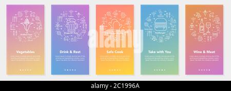 Vertical vector bbq and picnic summer five banners - drink and rest - wine and meat Stock Vector