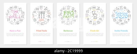 Vertical vector bbq and picnic summer five banners - fresh air, invite friends and fried tools Stock Vector