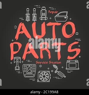 Vector black line round banner of auto parts Stock Vector