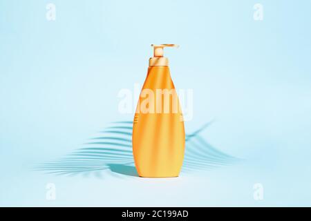 Orange container for lotion without label on turquoise background Stock Photo