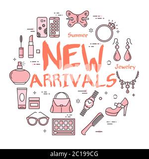 White banner of woman accessories with red text New Arrivals Stock Vector