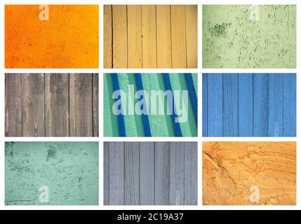 Collage of old and peeling painted wood background Stock Photo